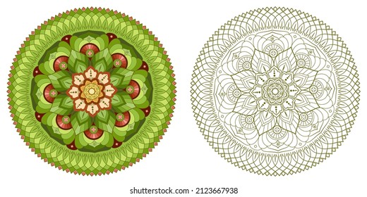 Mandala with flowers, leaves and curls on a white background. Anti-stress coloring book for children and adults. Decorative element for design