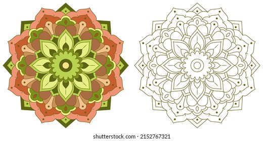 Mandala with flowers, leaves and curls on a white background. Anti-stress coloring book for children and adults. Decorative element for design