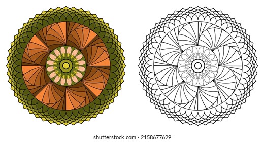 Mandala with flowers, leaves and curls on a white background. Anti-stress coloring book for children and adults. Decorative element for design