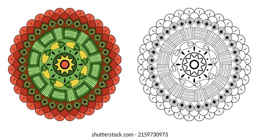 Mandala with flowers, leaves and curls on a white background. Anti-stress coloring book for children and adults. Decorative element for design