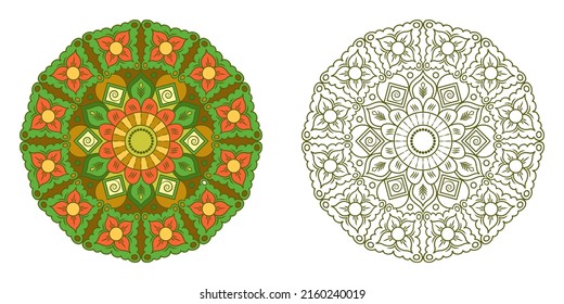 Mandala with flowers, leaves and curls on a white background. Anti-stress coloring book for children and adults. Decorative element for design