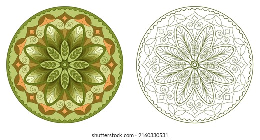 Mandala with flowers, leaves and curls on a white background. Anti-stress coloring book for children and adults. Decorative element for design
