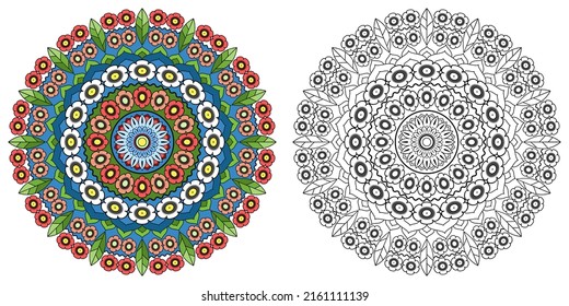 Mandala with flowers, leaves and curls on a white background. Anti-stress coloring book for children and adults. Decorative element for design