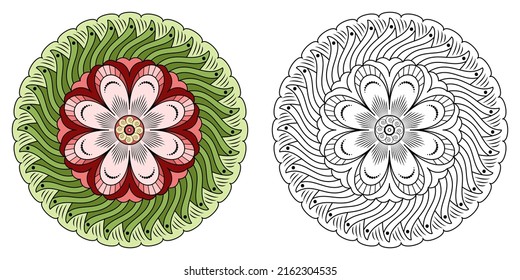 Mandala with flowers, leaves and curls on a white background. Anti-stress coloring book for children and adults. Decorative element for design