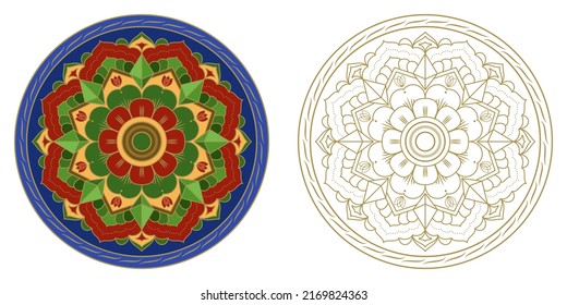 Mandala with flowers, leaves and curls on a white background. Anti-stress coloring book for children and adults. Decorative element for design