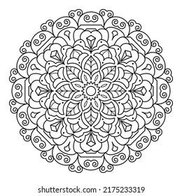 Mandala with flowers, leaves and curls on a white background. Anti-stress coloring book for children and adults. Decorative element for design