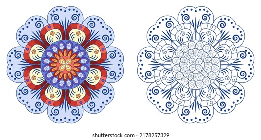 Mandala with flowers, leaves and curls on a white background. Anti-stress coloring book for children and adults. Decorative element for design