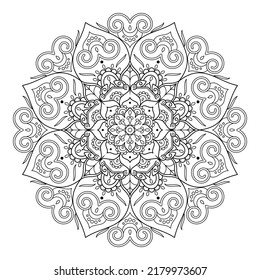 Mandala with flowers, leaves and curls on a white background. Anti-stress coloring book for children and adults. Decorative element for design