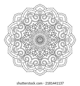 Mandala with flowers, leaves and curls on a white background. Anti-stress coloring book for children and adults. Decorative element for design