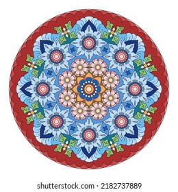 Mandala with flowers, leaves and curls on a white background.  Decorative element for design