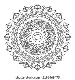 Mandala con flores, hojas y rizos en un fondo blanco. Libro de colorantes antiestrés para niños y adultos. Elemento decorativo para el diseño