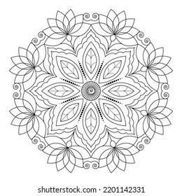 Mandala with flowers, leaves and curls on a white background. Anti-stress coloring book for children and adults. Decorative element for design