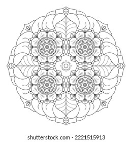 Mandala with flowers, leaves and curls on a white background. Anti-stress coloring book for children and adults. Decorative element for design