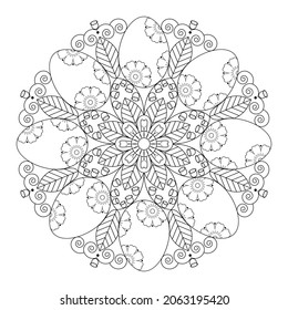 Mandala with flowers, leaves and Easter eggs on a white background. Anti-stress coloring book for children and adults. Decorative element for design