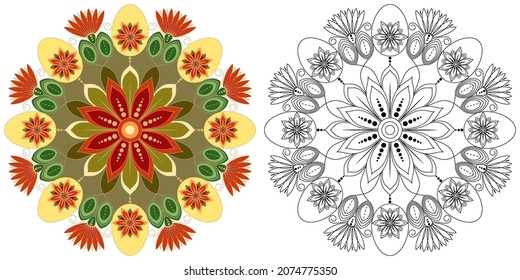 Mandala with flowers, leaves and Easter eggs on a white background. Anti-stress coloring book for children and adults. Decorative element for design