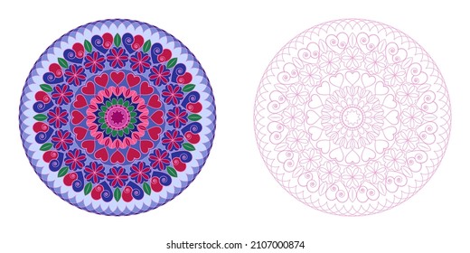 Mandala with flowers, leaves and hearts on a white background. Anti-stress coloring book for children and adults. Decorative element for design