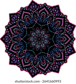Mandala of Flowers and Leaves (Magenta, Blue, Purple, Lilac, Pink, Navy) - Vector Image; Easily Editable; Hand-drawn Design; Colorful lIlustration. Print for Shirt, etc.