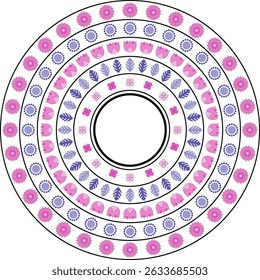 Mandala with flowers and leaves in pink and blue colors on a transparent background