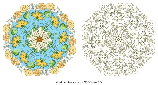 Mandala with flowers, leaves and snails on a white background. Anti-stress coloring book for children and adults. Decorative element for the design of various products