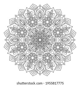 Mandala with flowers, leaves and swirls on a white background. Anti-stress coloring book for children and adults