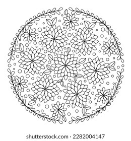 Mandala in the form of a frame of twigs of greenery and flowers inside. Coloring book for adults and children. Vector illustration