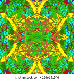  Mandala en forma de guirnalda verde, complementada por zonas de colores vivos, unidas en un conjunto armonioso.
