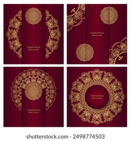 Mandala. Four square backgrounds in red colour with gold luxurious ornamentation. Ethnic pattern in the design of the cover, postcard, packaging. Set of templates for posts in social networks.