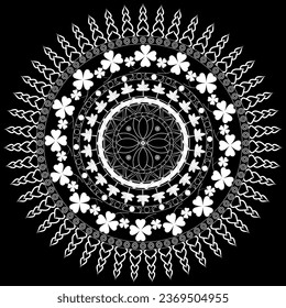 Mandala with four-leaf clover and autumn leaf in white lines on a black background.