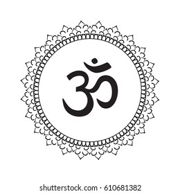 Mandala frame with Om symbol. Hand drawn oriental ornament for greeting card, invitation, coloring book, yoga poster.