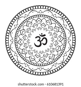 Mandala frame with Om symbol. Hand drawn oriental ornament for greeting card, invitation, coloring book, yoga poster.