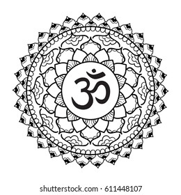 Mandala frame with Om symbol. Hand drawn oriental ornament for greeting card, invitation, coloring book, yoga poster.