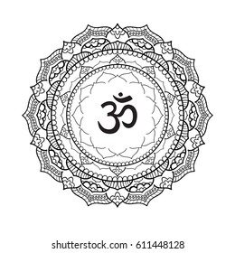 Mandala frame with Om symbol. Hand drawn oriental ornament for greeting card, invitation, coloring book, yoga poster.