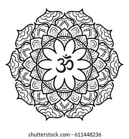 Mandala frame with Om symbol. Hand drawn oriental ornament for greeting card, invitation, coloring book, yoga poster.