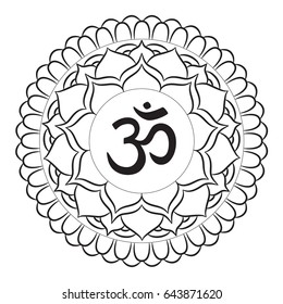 Mandala frame with Om symbol. Hand drawn oriental ornament for greeting card, invitation, coloring book, yoga poster.