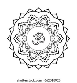 Mandala frame with Om symbol. Hand drawn oriental ornament for greeting card, invitation, coloring book, yoga poster.