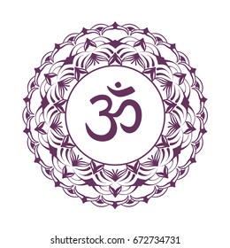 Mandala frame with Om symbol. Hand drawn oriental ornament for greeting card, invitation, coloring book, yoga poster.