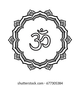 Mandala frame with Om symbol. Hand drawn oriental ornament for greeting card, invitation, coloring book, yoga poster.