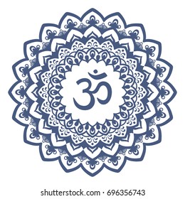 Mandala frame with Om symbol. Hand drawn oriental ornament for greeting card, invitation, coloring book, yoga poster.