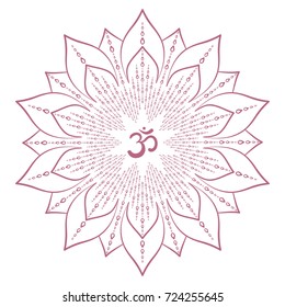 Marco Mandala con símbolo Om. Decoración oriental dibujada a mano para tarjetas de felicitación, invitación, libro de colorear, afiche de yoga.