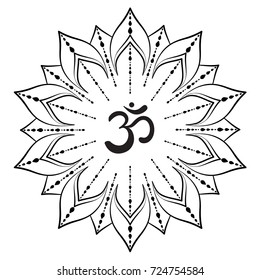 Mandala frame with Om symbol. Hand drawn oriental ornament for greeting card, invitation, coloring book, yoga poster.