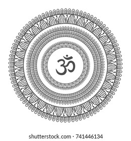 Mandala frame with Om symbol. Hand drawn oriental ornament for greeting card, invitation, coloring book, yoga poster.
