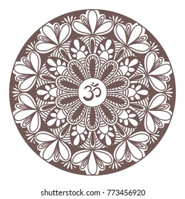 Mandala frame with Om symbol. Hand drawn oriental ornament for greeting card, invitation, yoga poster.