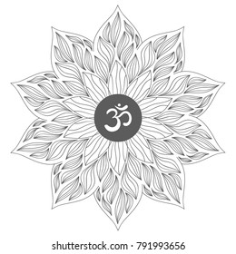 Mandala frame with Om symbol. Hand drawn oriental ornament for greeting card, invitation, coloring book, yoga poster.