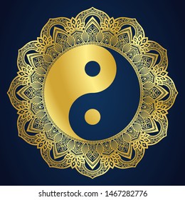 mandala frame with yin yang golden symbol