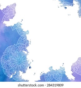 Mandala - freehand drawing. Vector background. Blue water color on a white background. Empty space for your text. Round pattern in oriental style.