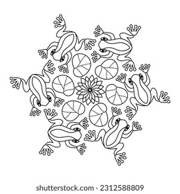 Mandala with Frogs. Coloring book page. Vector illustration.