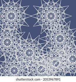 Mandala Frost Vintage Complicated Dark Ice Blue Chaotic Wallpaper. Calm Lace Folk Print Mystery Pastel Cold Luxury Pattern. Ornamental Indigo Light White Silver Grey Winter Stars Background.