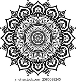 A mandala is a geometric design with intricate patterns radiating from a central point, symbolizing harmony and unity. It features symmetrical shapes, detailed linework, and repetitive motifs.