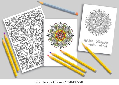 Mandala geometric floral artistic pattern, colorful and monochrome sketch ornament, page a4 for anti-stress coloring book. Mock-up set of coloring pencils, cards or invitations with place for the text