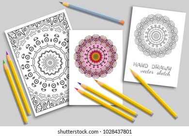 Mandala geometric floral artistic pattern, colorful and monochrome sketch ornament, page a4 for anti-stress coloring book. Mock-up set of coloring pencils, cards or invitations with place for the text